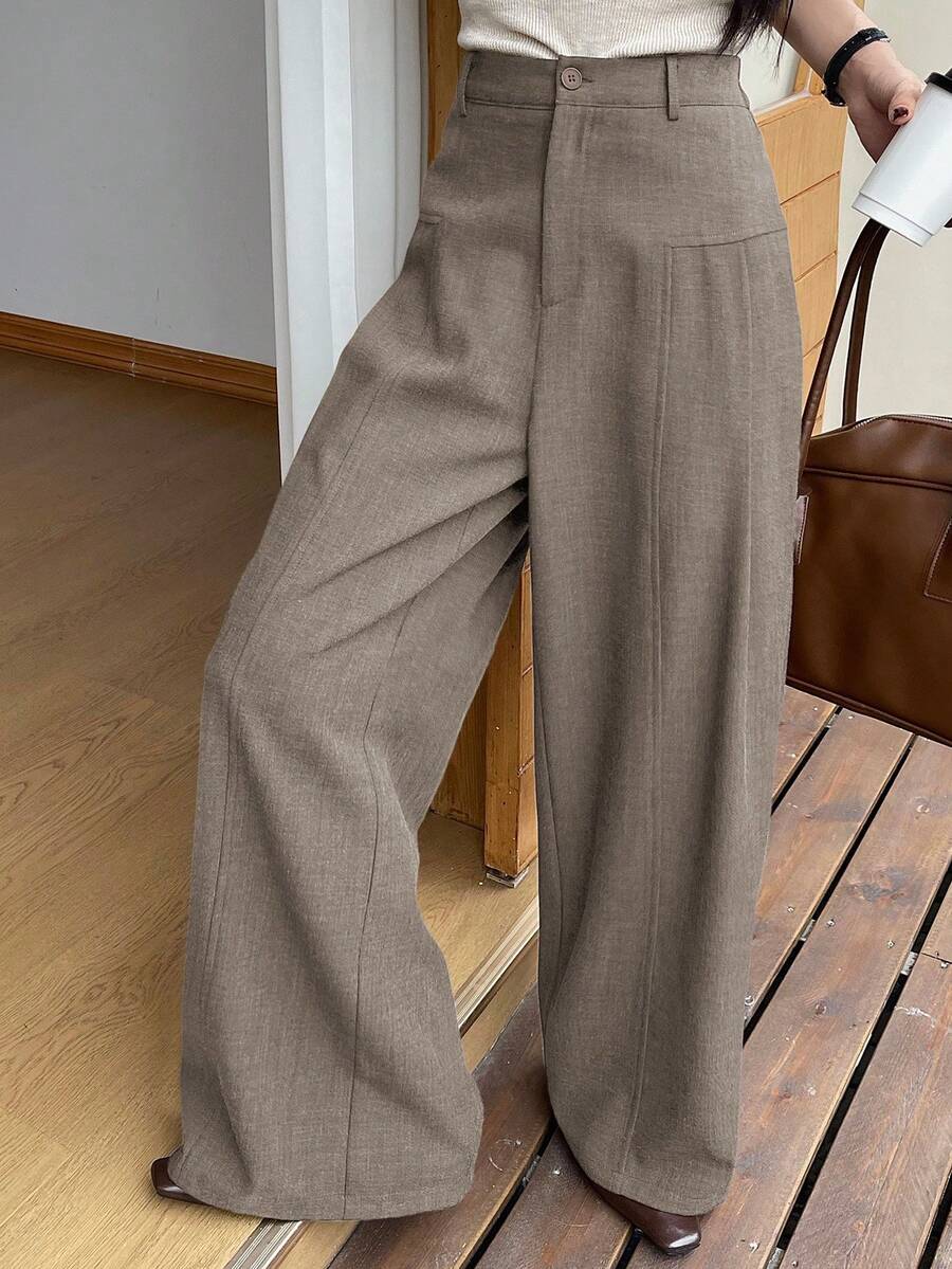 DAZY 女士纯色高腰阔腿宽松休闲裤 - 杏色 - 查看 1