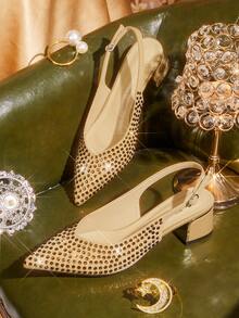 CUCCOO TILAWA Coarse-Heeled Rhinestone Rear Strap Heels - Yellow - View 1