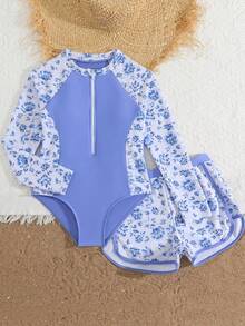 SHEIN Tween Girls Ditsy Floral Long Sleeve Bikini Set,Blue White Striped,Summer,Holiday,Pool Party,Holiday,2-Piece Rash Guard Modest Swimsuit For Teens - Blue - View 6