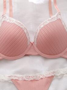 女士内衣套装，粉色无钢圈文胸，提拉侧支撑，清新可爱设计 - 粉色 - 查看 8