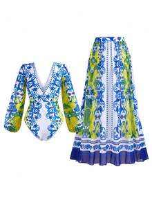 Swim Oasis بدلة سباحة بحجم كبير مطبوع عليها ازهار للسيدات، بأسلوب عادي مناسب للإجازات - الأزرق - مشاهدة 2