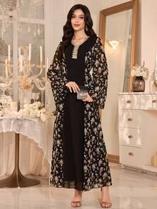 Al Najma Women's Elegant V-Neck Ruffle Ribbon Chiffon Printed Dress - Black - View 6