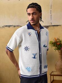 ROMWE MEN Street Life 男士刺绣撞色滚边短袖针织上衣 - 水鴨藍 - 查看 5