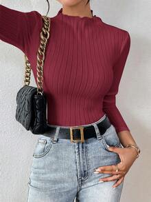 SHEIN Frenchy Burgundy 92% Cotton Ribbed Turtleneck Long Sleeve Fitted Women's Base Layer T-Shirt Spring Turtle Neck Top Wine Red Top - Burgundy - View 6