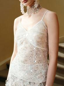 Arave Áo không tay nữ chất liệu sequin và lưới, thiết kế đính hạt tạo dáng eo, thích hợp mặc hàng ngày. - trắng - Xem 8