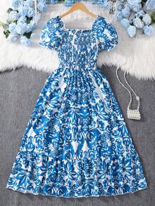 Sparklyn Đầm ngắn tay dáng chữ A màu xanh dương và trắng tương phản thanh lịch dành cho nữ tuổi teen, cổ vuông, tay cánh hoa, eo thon, chân váy xòe, thích hợp cho mặc hàng ngày, dự tiệc, họp mặt, mùa xuân/hè. - Màu xanh hải quân - Xem 2