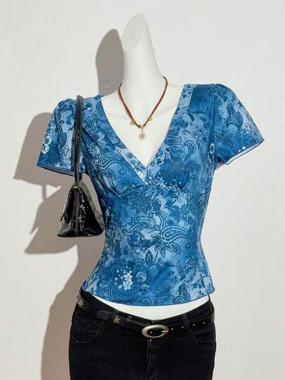 Almamuse Women's Spring/Summer New T-Shirt, Tie-Dye Printed Deep V-Neck Knit Fitted Elegant Retro Short Sleeve T-Shirt