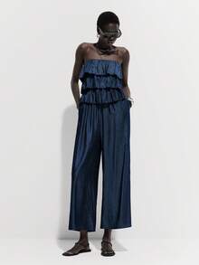 Lumivelle 女士春夏新款连体裤，牛仔效果荷叶边拼接多层蛋糕裙摆阔腿裹胸连体裤 - 藏蓝色 - 查看 6