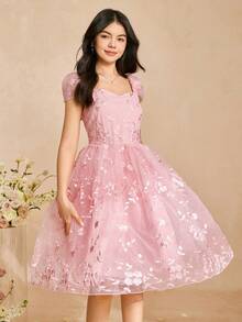 SHEIN Teen Girls' Embroidered Pink Elegant Short Sleeve Dress Pink Teen Tea Party Dress Pink Flower Embroidered Dress Belle Elegant Pink Teen Dress - Pink - View 6