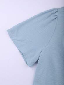 Franclia Plus Size Women V-Neck Single-Breasted Pleated Short Sleeve Blouse,Light Blue Summer Smart Casual Everyday Business Office Classy Button Up Tops - Baby Blue - View 4