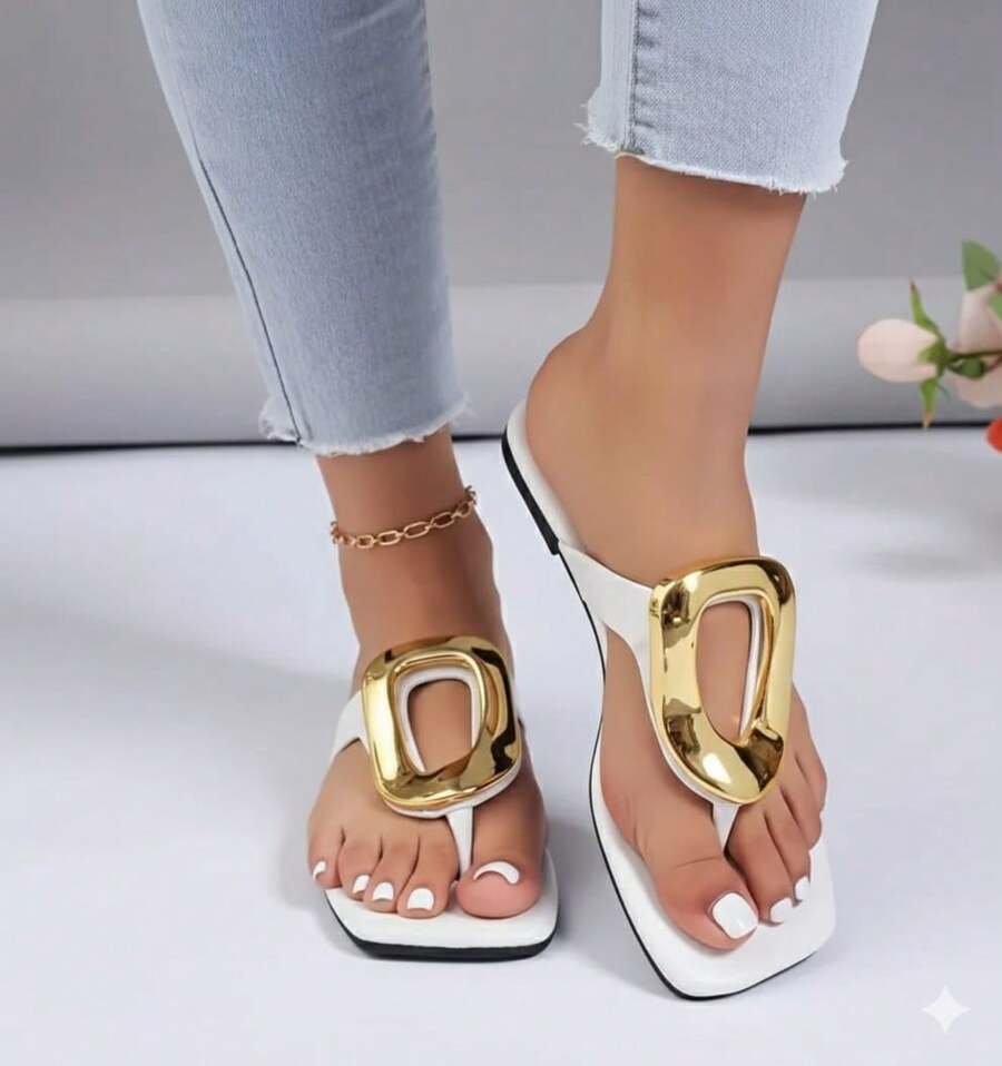 Sandalias planas multifuncionales pata de gallo y adorno dorado - blanco - Ver 1