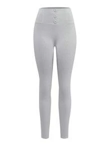 Modelyn Quần legging nữ màu trơn, có cúc, kiểu dáng thoải mái, thích hợp mặc hàng ngày. - Màu Xám nhạt - Xem 3
