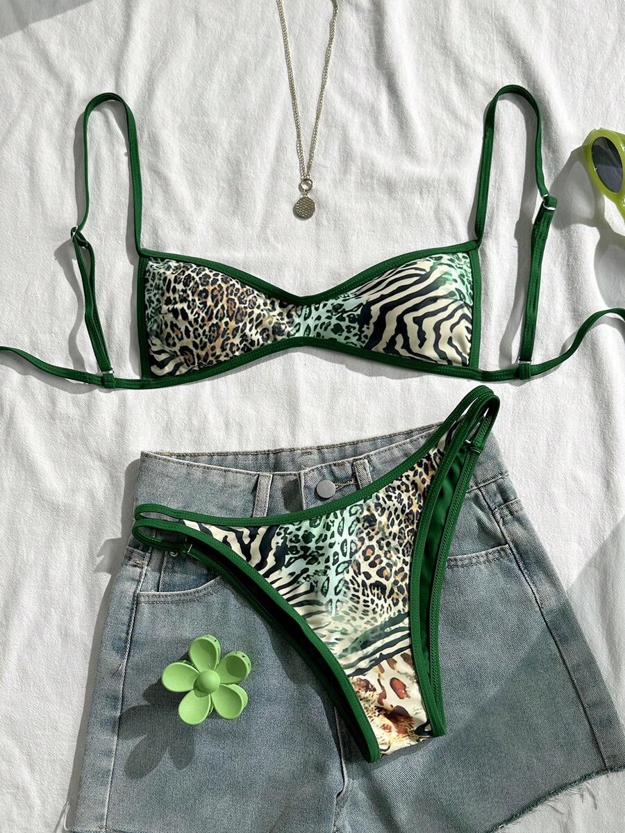 Swim Vcay Random Print Wireless Adjustable Strap Top And Swim Shorts Women Summer Beach Holiday Bikini Set - Multicolor - View 1