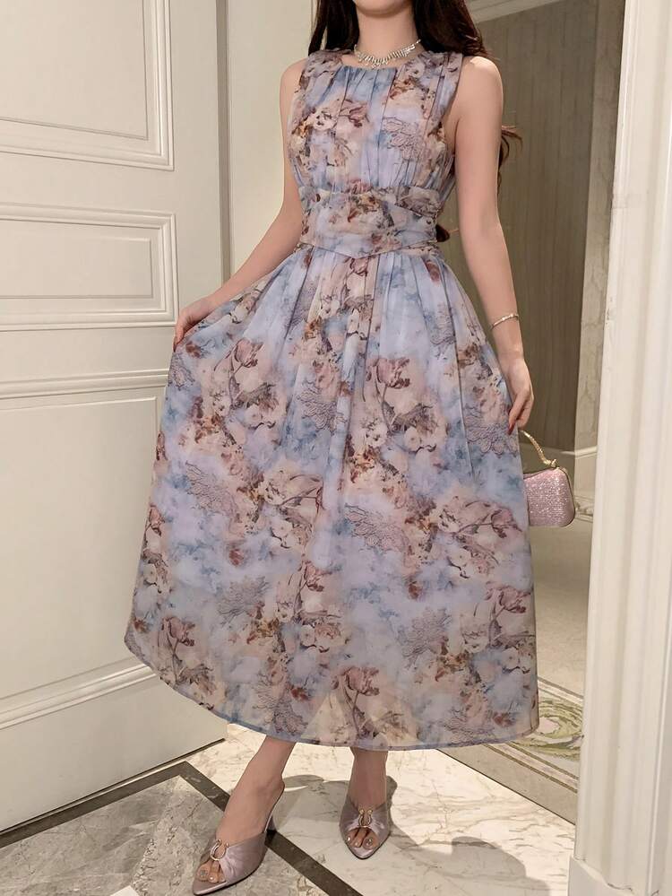Women's Elegant Floral Pleated Sleeveless Mid-Length Dress, Summer,Wedding Guest Dress Women Sundress Boho