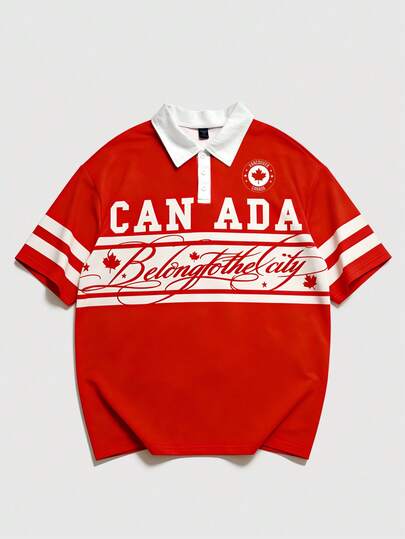 ROMWE MEN Street Life 2026 World Cup Football Jersey, Men's Fashionable Casual Polo Shirt, Street Style Short Sleeve Top, Spring/Summer/Autumn