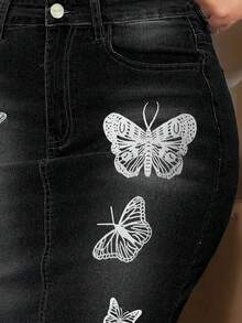 Jeanoix Chân váy bút chì denim nữ họa tiết bướm, có túi và tua rua. - màu đen - Xem 4