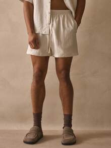 Musero Mid Length Bermuda Style Elasticated Drawstring Waistband Textured Linen Shorts Spring Summer Essentials - Apricot - View 2