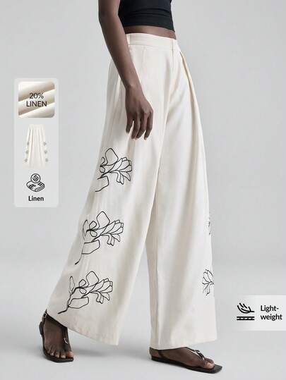 Ontre 2026春夏新款女士米色长裤，舒适柔软梭织面料，纽扣闭合，宽松版型，带口袋，刺绣装饰，现代都市时尚商务休闲女裤，适合办公室穿着、度假、低调复古优雅高端造型、高品质机场、邮轮、婚礼宾客装扮，简约奢华感，四季皆宜。