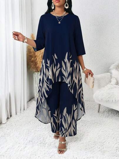SHEIN Lady Plus Size Women Leaf Print Long Top And Wide Leg Pants Casual 2 Pieces Set Women Two Piece Sets Casual Modest Outfits For Women 2 Piece Blouse And Pants Set For Women Ladies Two Piece Outfits Plus Size Women Clothes Two Piece Sets