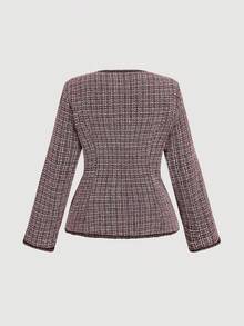 SHEIN MOD 加大码两件套女士粗花呢撞色纽扣套装，长裙套装，女士纯色长袖单排扣优雅粗花呢西装外套，秋冬服装，抛光银色纽扣装饰 - 紅色 - 查看 8