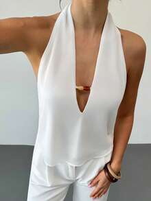 Firerie Women's Summer New V-Neck Beaded Halter Vacation Shirt Blouse, Women's V-Neck Blouse, Summer Vacation Shirt, Backless Top, Beaded Top, Spring Summer Clothing, Elegant, Date, Party, Music Festival, Boho, Vacation, Bohemian, Beach - White - View 8