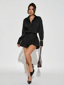 PETITE Conjunto casual para mujer, atuendos de otoño para mujer, falda de burbujas marrón y blusas, rayas marrones - Negro - Ver 6