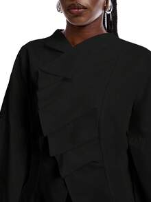 SHEIN EZwear 大码新款简约秋冬女式纯色荷叶边泡泡袖时尚衬衫，灯笼袖衬衫，泡泡袖衬衫，白色衬衫，优雅白色长袖衬衫 - 黑色 - 查看 3