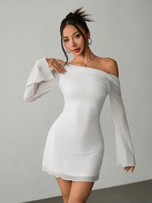 SHEIN PETITE Women's New Sexy Backless Trumpet Sleeve Mesh Dress For Early Autumn White Backless Dress White Sexy Dress Women White Mesh Dress White Long Sleeve Dress White Club Dress - White - View 2