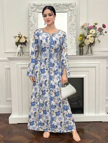 Yasmyna Đầm dài tay in hoa kiểu Ả Rập dành cho nữ - Màu xanh lam - Xem 5