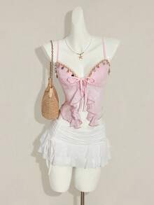 SHEIN ICON Áo hai dây buộc eo, xẻ tà, chất liệu jacquard có họa tiết. - Màu tím hoa cà - Xem 5