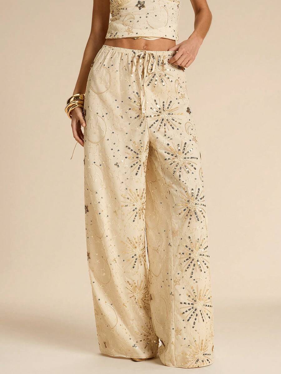 SHEIN BAE 老钱风格女士亮片休闲弹力腰亮片高腰阔腿裤 - 杏色 - 查看 1