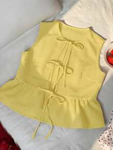 Comfortcana 2件装 女士夏季休闲度假日常通勤纯色条纹蝴蝶印花打结前襟无袖荷叶边下摆上衣 - 彩色 - 查看 7