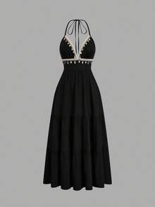 Sweetra 夏季性感时尚百搭优雅蕾丝装饰收腰吊带连衣裙 - 黑色 - 查看 1