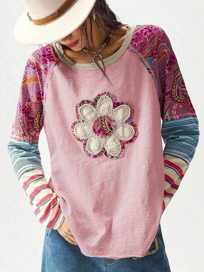 Bohemela BOHO Casual Knit Patchwork Printed Round Neck Loose T-Shirt For Women, Autumn
