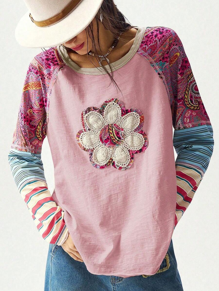 Bohemela Áo thun cổ tròn in họa tiết chắp vá BOHO thường ngày dành cho nữ, mùa thu - Hồng - Xem 1