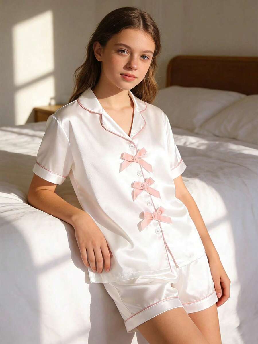 Teen GirlWhite Faux Silk & Ribbed Fabric Contrast Trim Shirt & Shorts Pajama Set - White - View 1