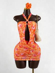 SaltGleam SaltGleam 女士夏季海岛度假性感紧身露背迷你连衣裙，印花镂空设计时尚吊带裙 - 橘色 - 查看 1