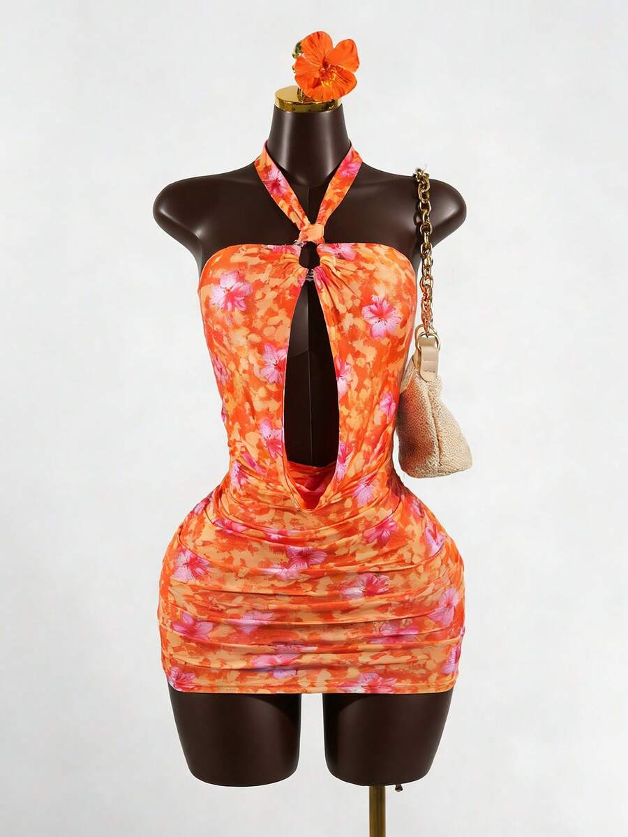 SaltGleam SaltGleam 女士夏季海岛度假性感紧身露背迷你连衣裙，印花镂空设计时尚吊带裙 - 橘色 - 查看 1