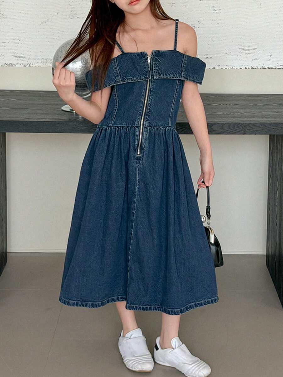 DAZY Tween Girls' Solid Color Denim Zip-Up Dress - Blue - View 1