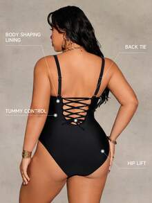 Shapewave Traje de baño de una pieza de unicolor para mujer de talla grande - Negro - Ver 2