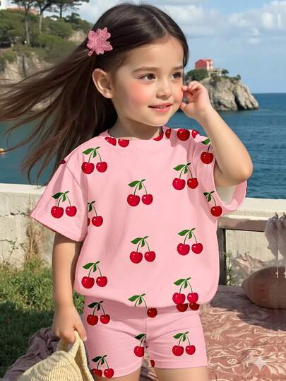 1 Set Baby Girls' Sweet Cute Cherry Fruit Pattern Vacation Style Printed Short Sleeve Round Neck T-Shirt And Shorts Set, Suitable For Spring To Summer, Summer Outfits