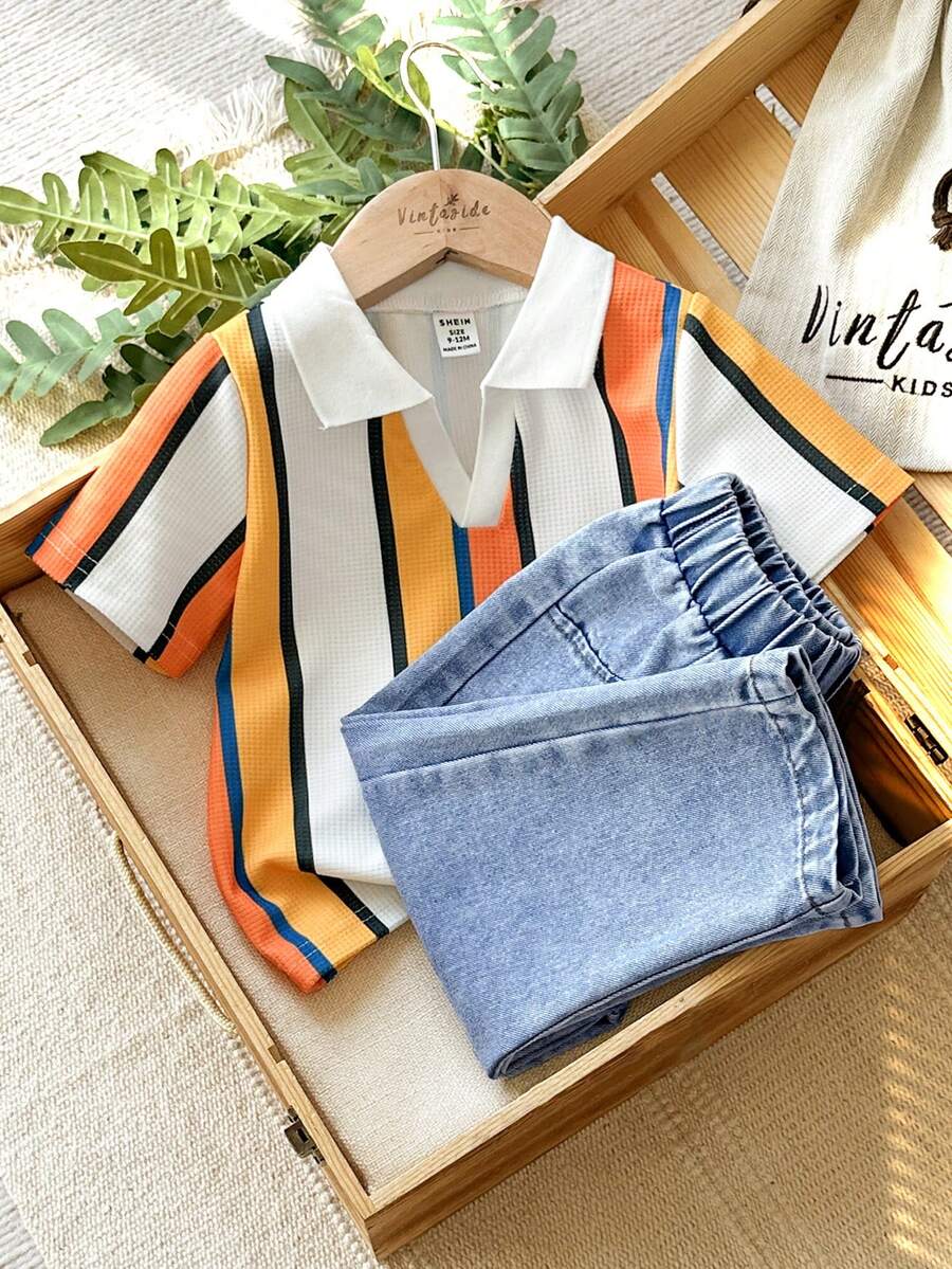 SHEIN Vintaside Kids 男童休闲翻领短袖上衣搭配时尚水洗牛仔裤套装，适合日常穿着、家庭露营、外出就餐或购物。