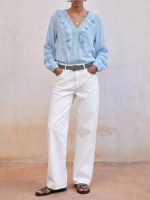 Maija Women's Blue Ruffled Lace Patchwork Loose Casual Blouse - Blue - View 3