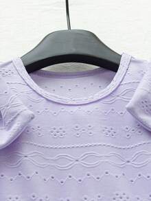 女童镂空针织连衣裙，圆领短袖，松紧腰带，荷叶边下摆，适合通勤、度假、海滩等多种场合。 - 紫色 - 查看 6