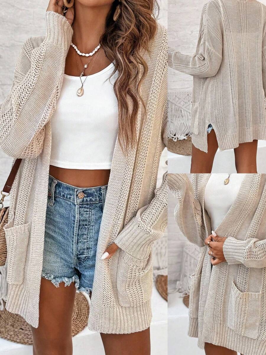 Franclia Women's Solid Color Drop Shoulder Cardigan With Double Pockets, Open Front Fall Winter Cloth For Women - Apricot - View 1