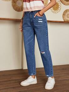 EMERY ROSE 高腰破洞磨損邊媽媽牛仔褲 - 中等水洗藍 - 查看 4