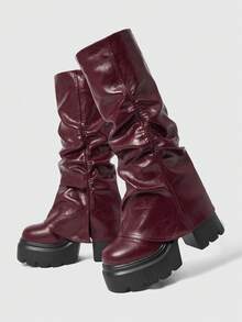 Sugerpunk 女士高跟凉鞋~ 2026 新款时尚秋冬朋克风深色 PU 高跟粗跟棕色高筒裤靴，及膝靴，超高跟靴 - 酒紅色 - 查看 3