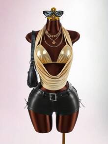 Amplova Women's Fashionable Sexy Metal Halter Backless Blouse - Gold - View 6