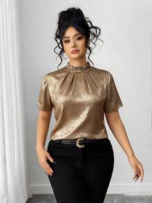 Elenzga 女士时尚荷叶边领短袖金属光泽衬衫 - 金色 - 查看 3