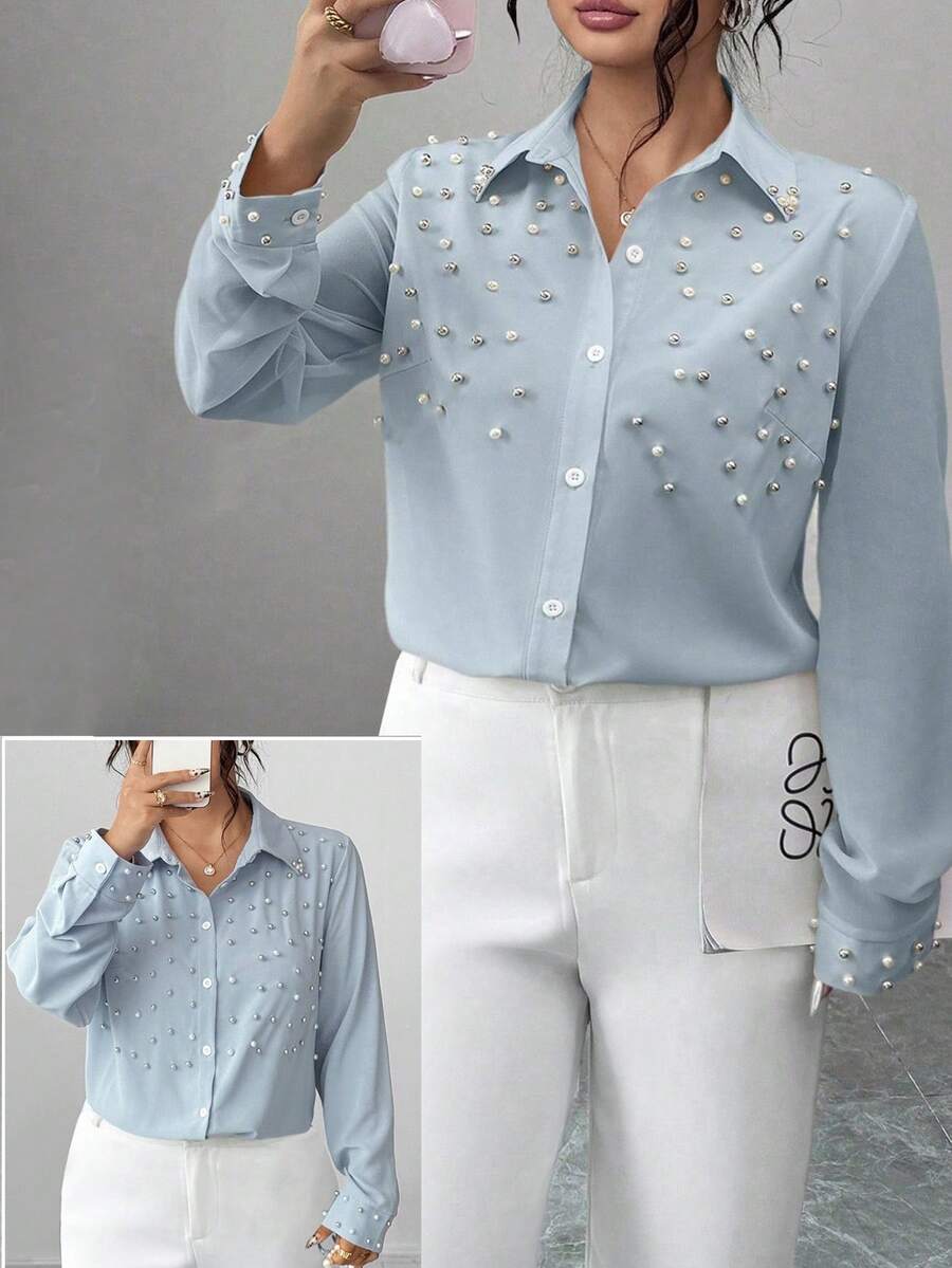 Elenzga Plus Size Women Casual Fashion Faux Pearl Button Front Long Sleeve Shirt Fall Cloth For Women - Dusty Blue - View 1